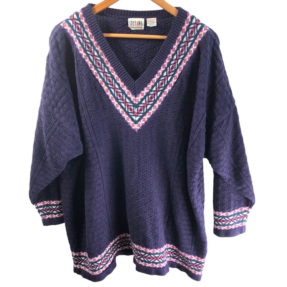 Vintage Stefano V Neck Sweater OS Cable Knit Chunky Contrast Print Purple Casual - Picture 1 of 9